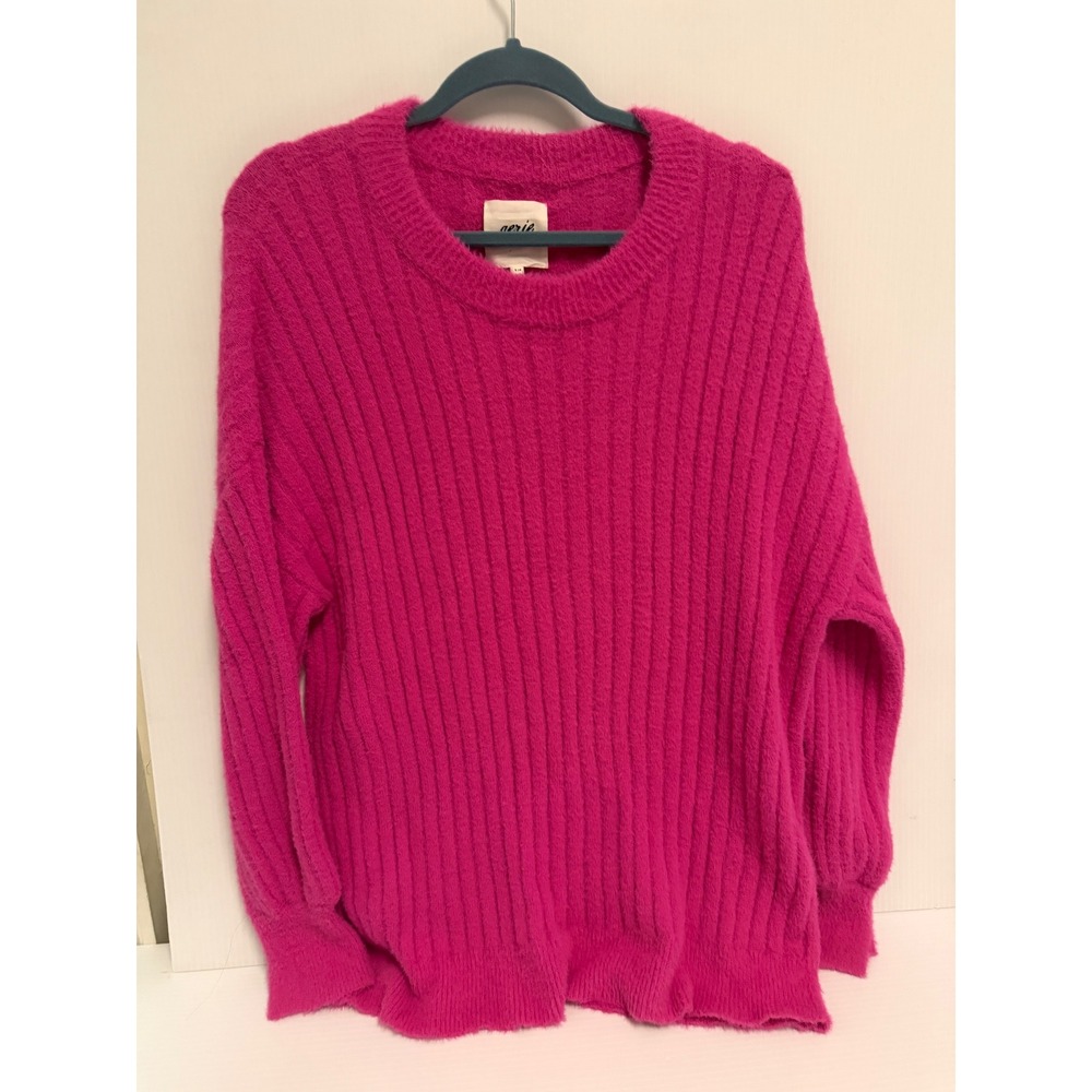 Aerie Hot Pink Fuzzy Ribbed Knit Crew Neck Sweater Small Slouchy Pullover